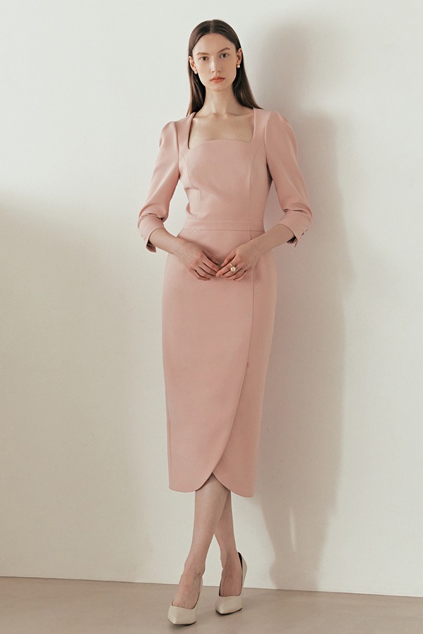 AMELIA Square neck tulip-skirt dress (Pale pink)