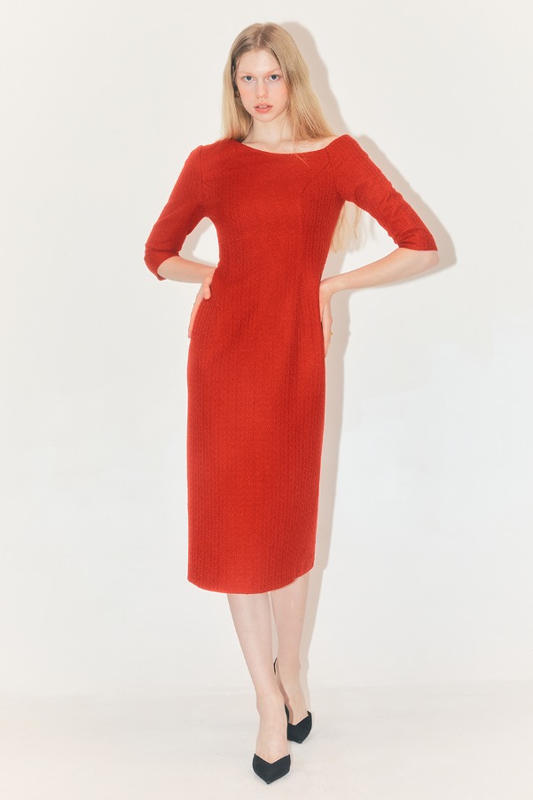 MARIAH One shoulder H-line tweed long dress (Scarlet red)