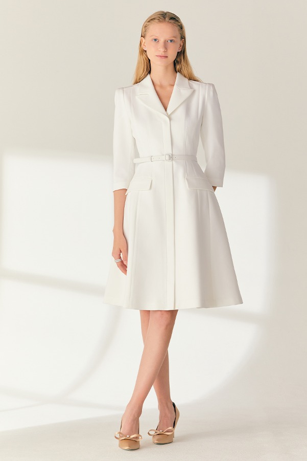 AGATHA Notched collar three-quarter sleeve A-line midi dress (Off white)