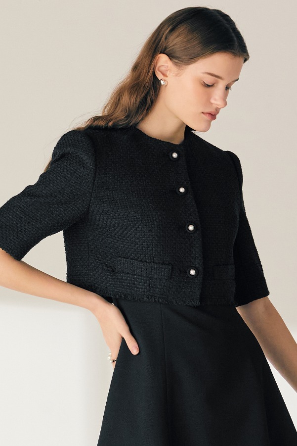 ELSIE Half sleeve tweed bolero jacket (Black)