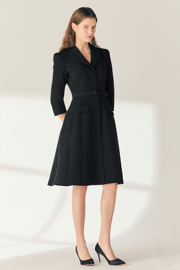 AGATHA Notched collar three-quarter sleeve A-line midi dress (Black)