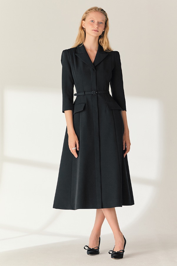 AGATHA Notched collar three-quarter sleeve A-line dress (Black)
