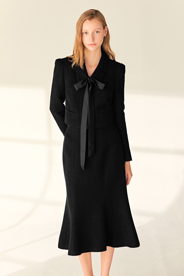 [SET]CIARA Classic collar detail tweed cropped jacket + CYNDI Mermaid tweed midi skirt (Black)
