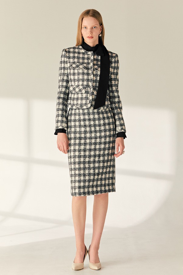 [SET]FABIANA Round neck check tweed jacket + JESSIE H-line check tweed midi skirt (Gray&amp;Ivory)
