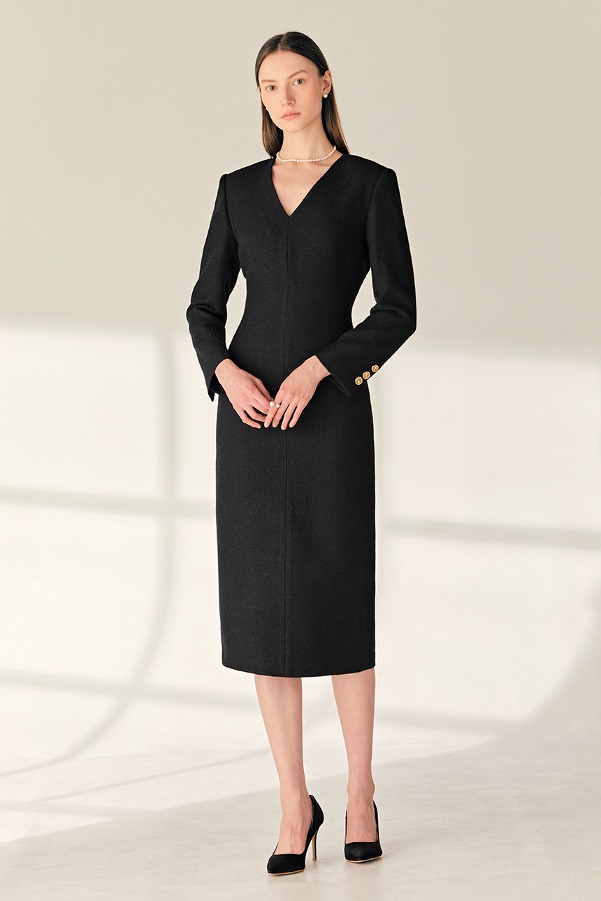 MARIN V-neck H-line tweed wool long dress (Black)