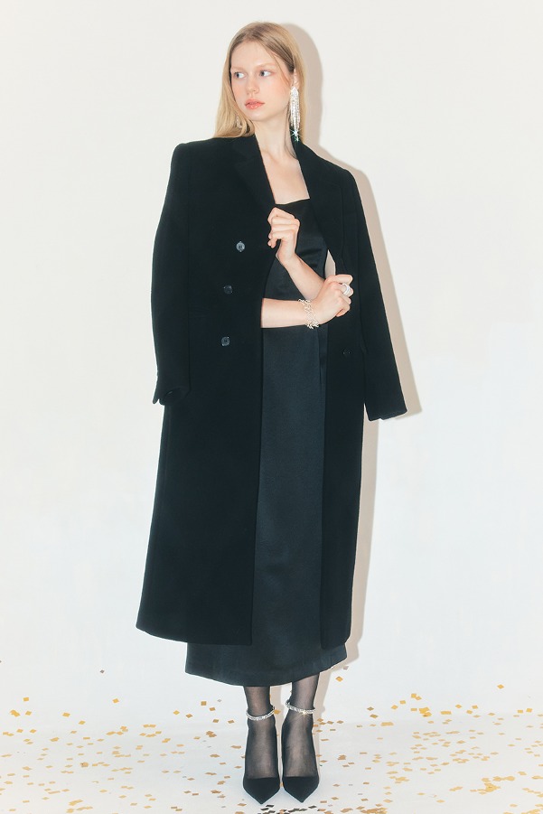 BRIDGIT Double breasted cashmere blended long coat (Black)